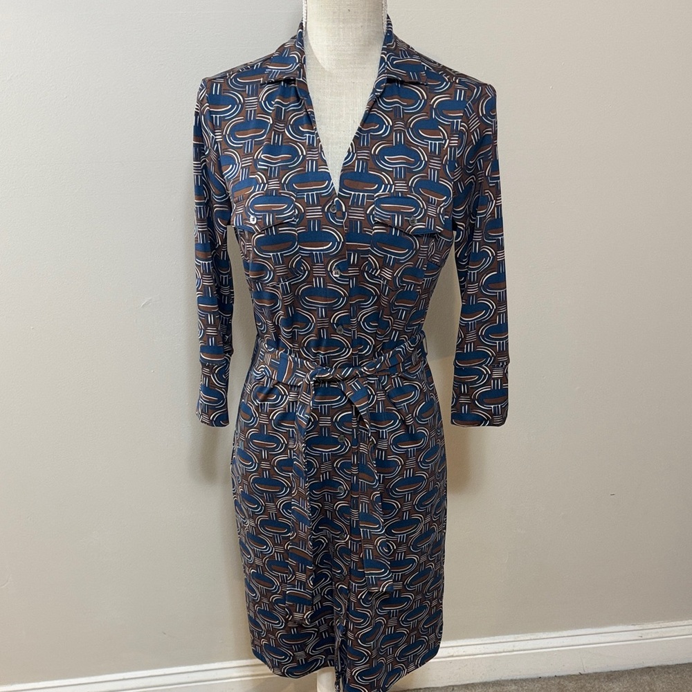 J McLaughlin‎ Geometric-Print Long Sleeve Dress in Navy and Brown